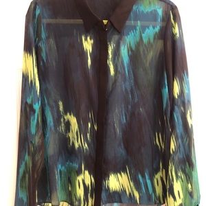 TAHARI sheer green and black button front  shirt blouse top.  Size M